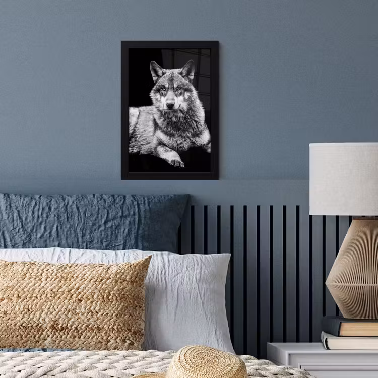 Wilde dieren - Wolf - Zwart - Wit fotolijst zwart zonder passe partout klein -sfeer3
