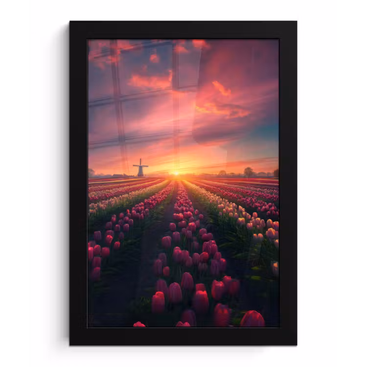 Windmolen - Zonsondergang - Landschap fotolijst zwart zonder passe partout klein -3d