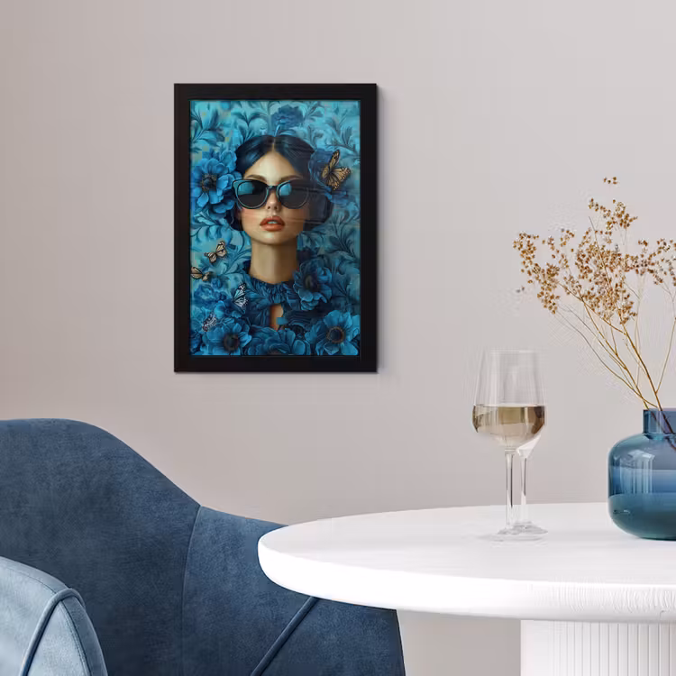 Vrouw - Bloemen - Vlinders - Blauw - Abstract fotolijst zwart zonder passe partout klein -sfeer4