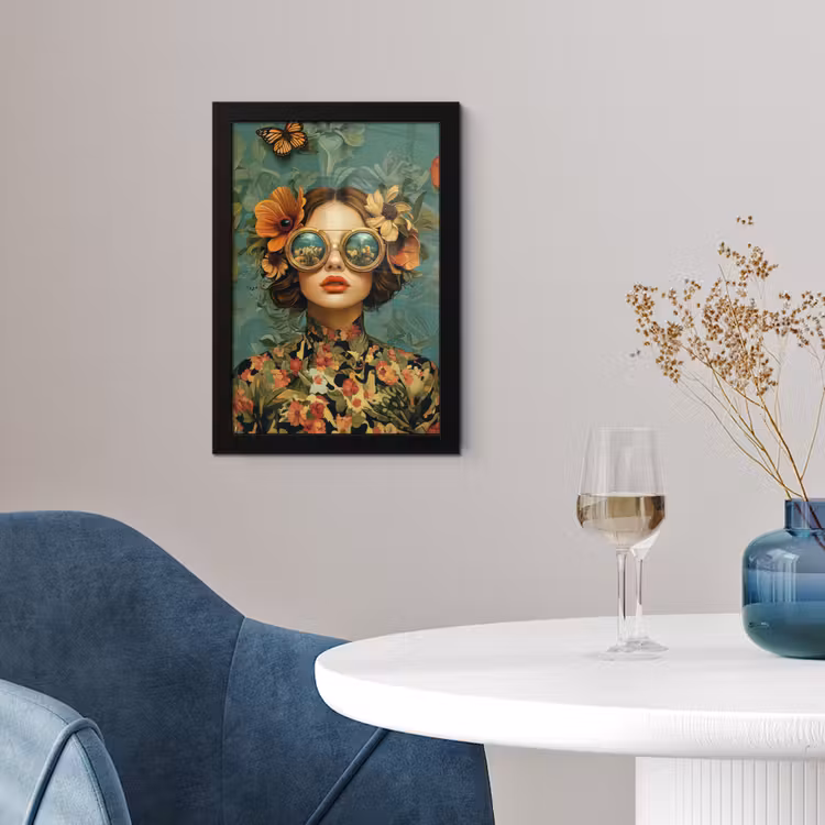 Vrouw - Bloemen - Vlinders - Natuur - Vintage fotolijst zwart zonder passe partout klein -sfeer4