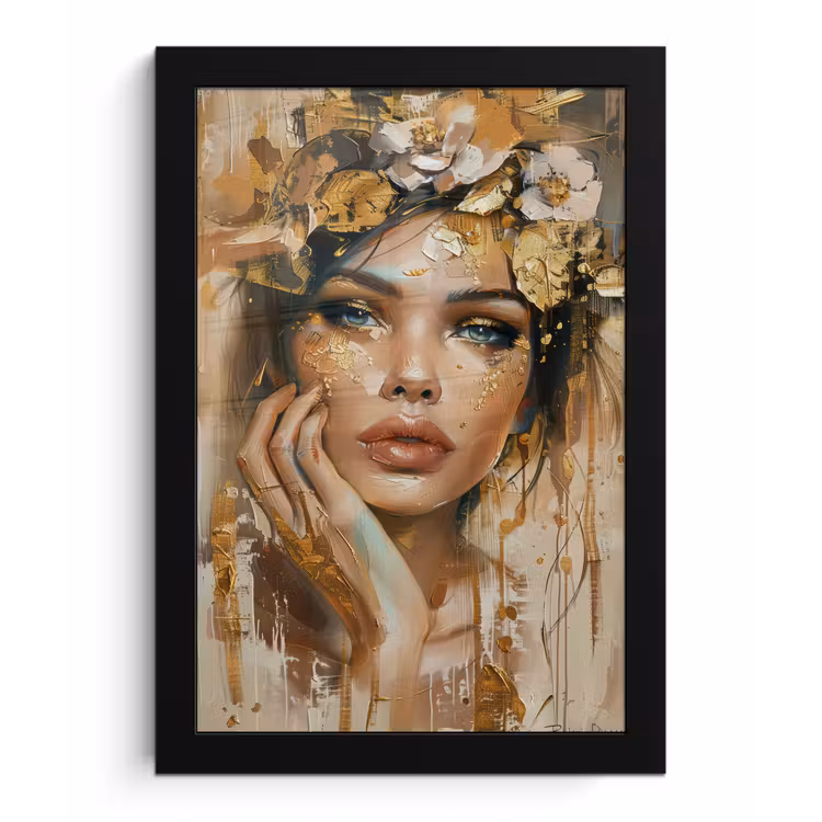 Vrouw - Bloemen - Goud - Portret fotolijst zwart zonder passe partout klein -3d