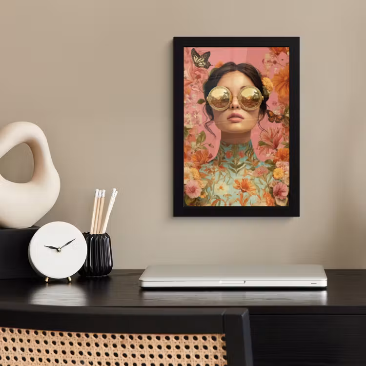 Vrouw - Bril - Roze - Bloemen fotolijst zwart zonder passe partout klein -sfeer1