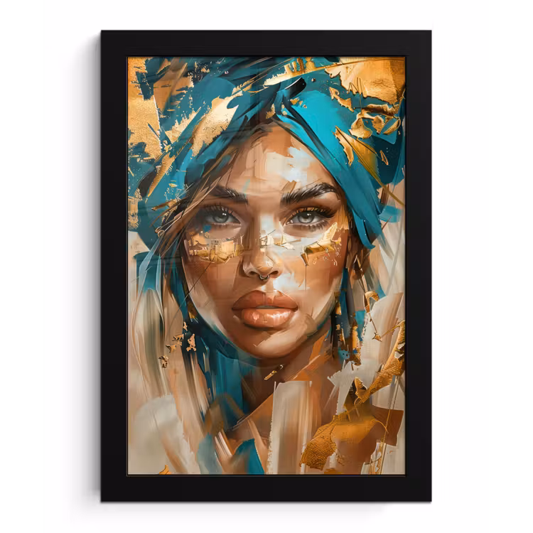 Vrouw - Portret - Goud - Luxe - Blauw fotolijst zwart zonder passe partout klein -3d