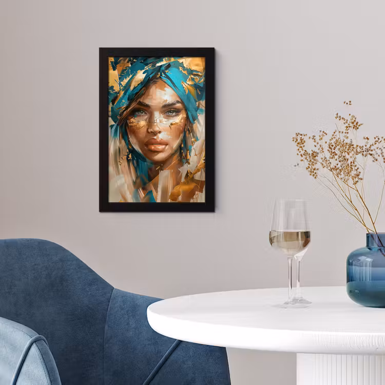 Vrouw - Portret - Goud - Luxe - Blauw fotolijst zwart zonder passe partout klein -sfeer4