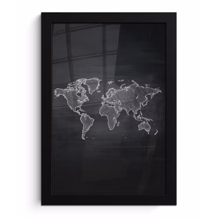 Wereldkaart - Krijt - Zwart - minimalistisch fotolijst zwart zonder passe partout klein -3d