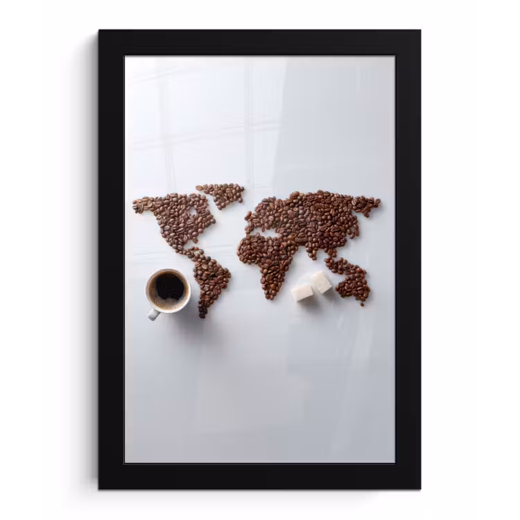 Wereldkaart - Koffiebonen - Suikerklontjes fotolijst zwart zonder passe partout klein -3d