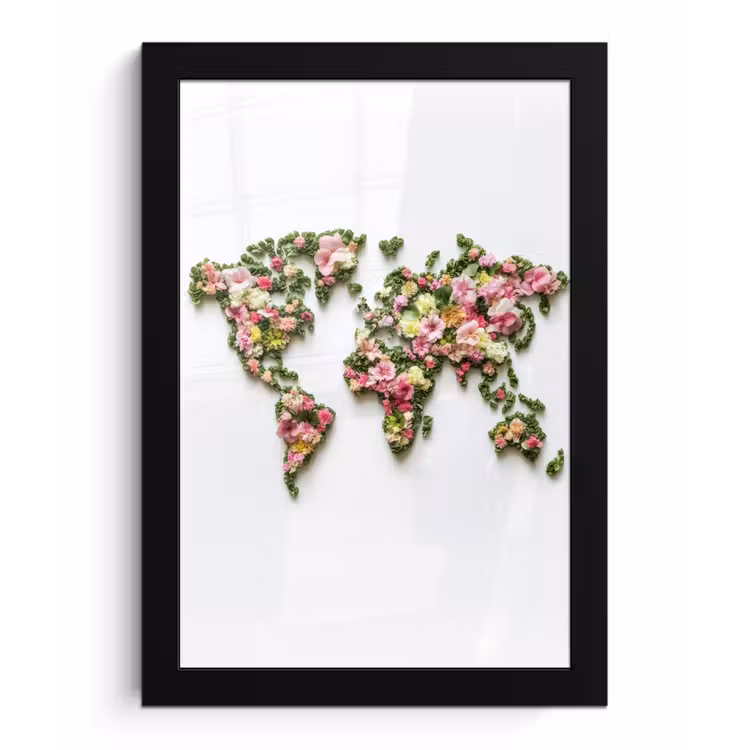 Wereldkaart - Kleurrijk - Bloemen - Lente fotolijst zwart zonder passe partout klein -3d