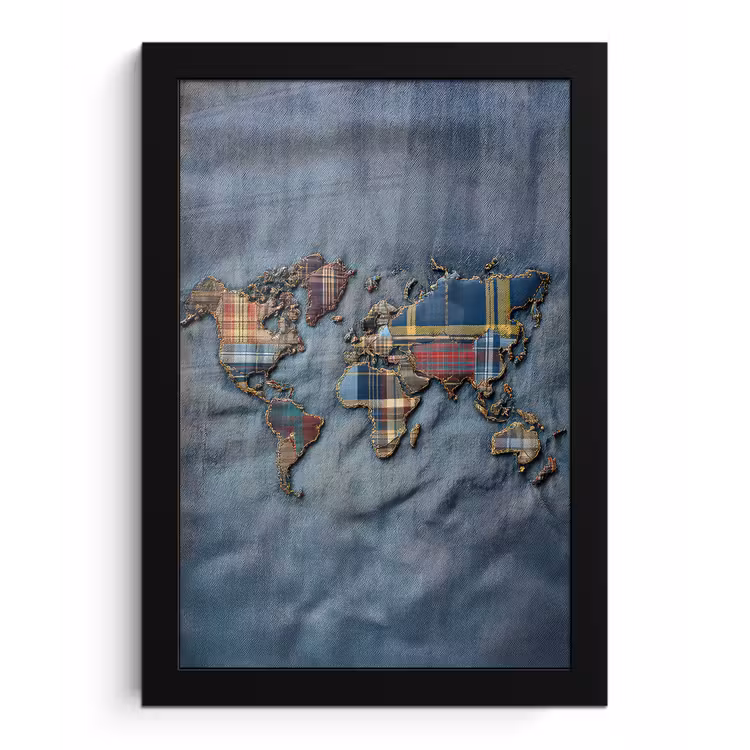 Wereldkaart - Denim - Textiel fotolijst zwart zonder passe partout klein -3d