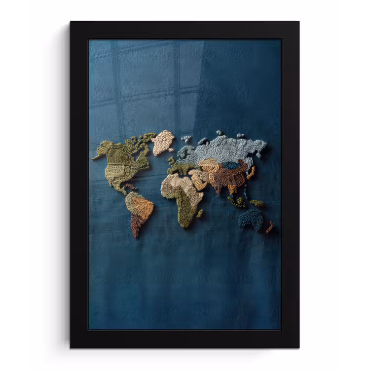 Wereldkaart - Geborduurd - Verschillende tinten fotolijst zwart zonder passe partout klein -3d