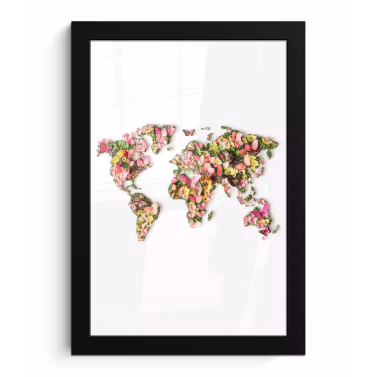 Wereldkaart - Bloemen - Felgekleurd fotolijst zwart zonder passe partout klein -3d