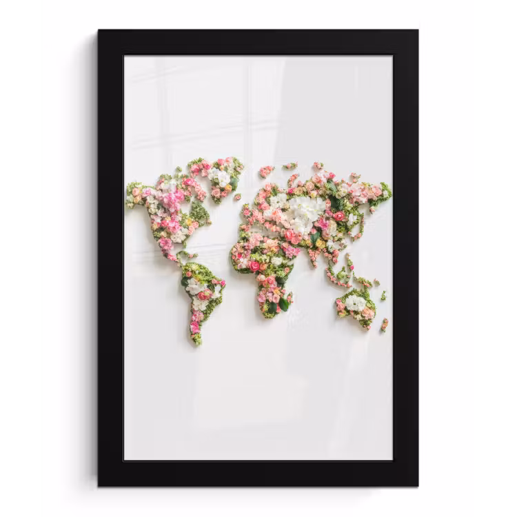 Wereldkaart - Bloemen - Subtiel fotolijst zwart zonder passe partout klein -3d