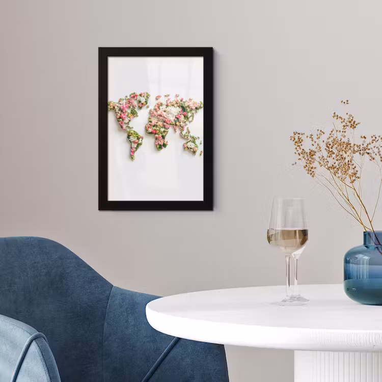 Wereldkaart - Bloemen - Subtiel fotolijst zwart zonder passe partout klein -sfeer4