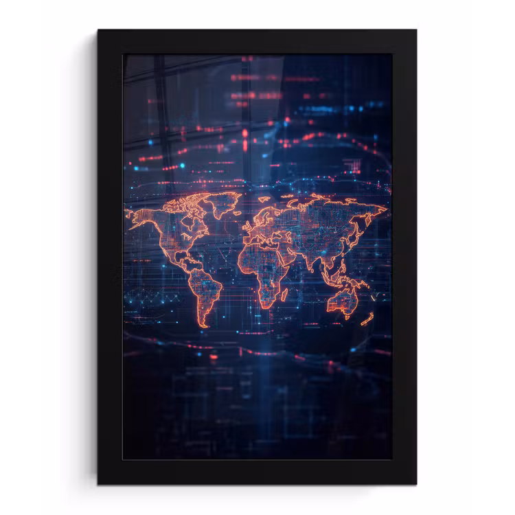 Wereldkaart - Futuristisch - Oranje fotolijst zwart zonder passe partout klein -3d