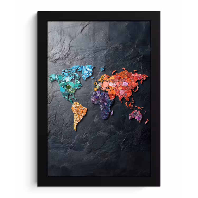 Wereldkaart - Edelstenen - Regenboog - Ruw fotolijst zwart zonder passe partout klein -3d