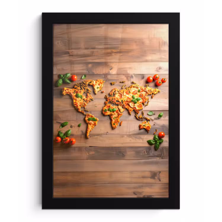 Wereldkaart - Pizza - Houten ondergrond fotolijst zwart zonder passe partout klein -3d