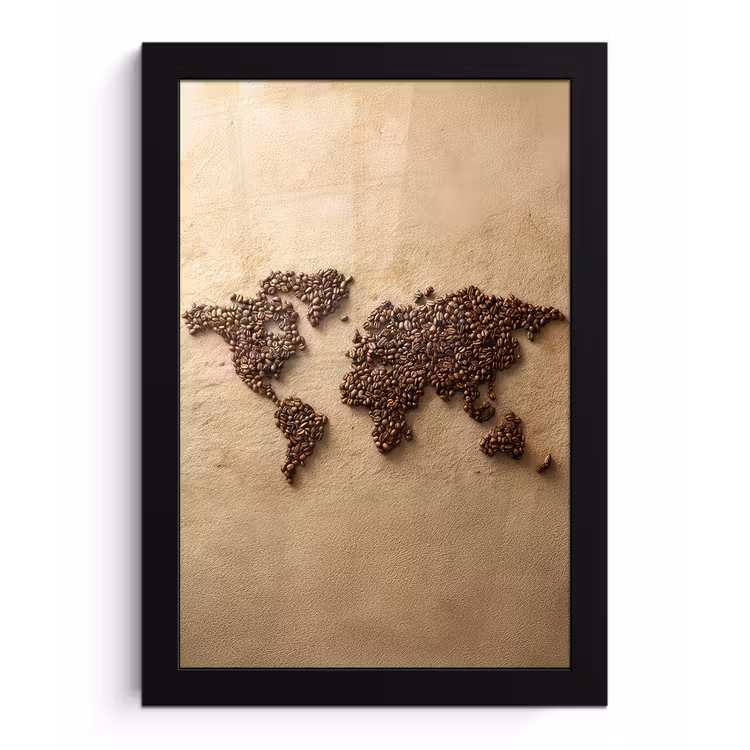 Wereldkaart - Zandkleur - Koffiebonen fotolijst zwart zonder passe partout klein -3d
