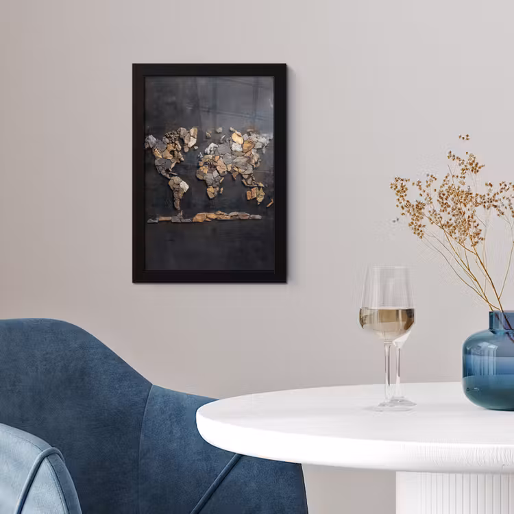 Wereldkaart - Stenen - Realistisch fotolijst zwart zonder passe partout klein -sfeer4