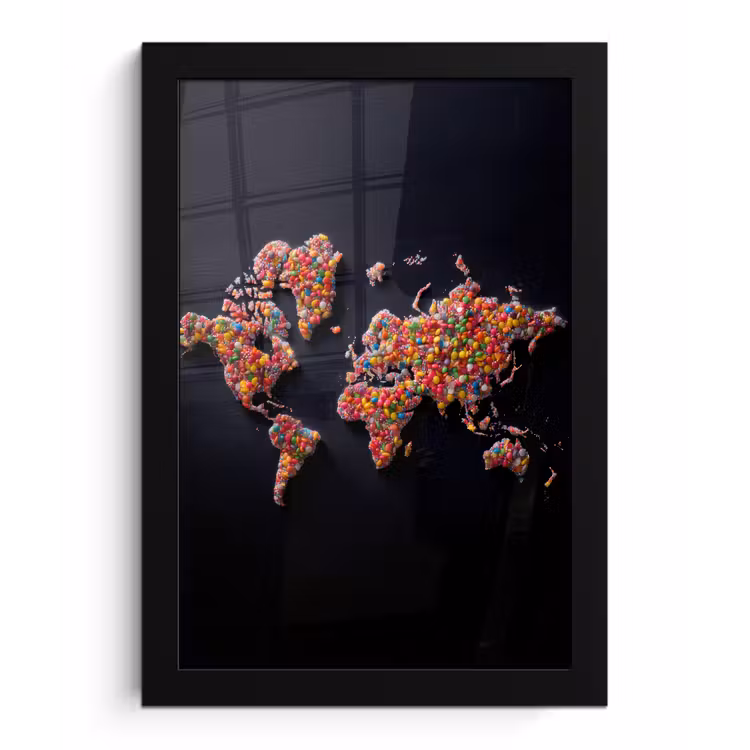 Wereldkaart - Snoepjes - Felle kleuren fotolijst zwart zonder passe partout klein -3d