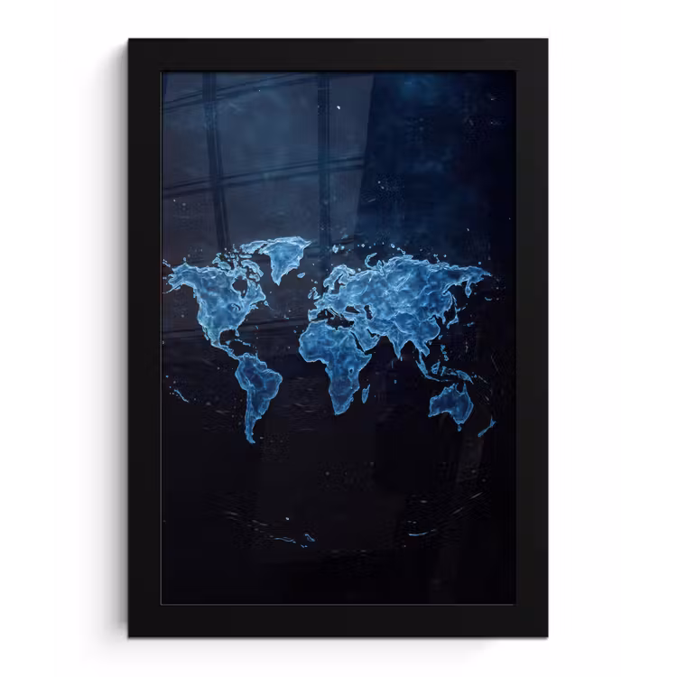 Wereldkaart - Waterstructuur - Blauw fotolijst zwart zonder passe partout klein -3d