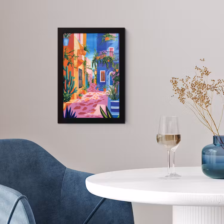 Geel - Blauw - Oranje - Huis fotolijst zwart zonder passe partout klein -sfeer4