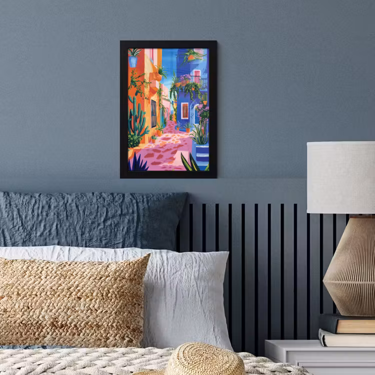 Geel - Blauw - Oranje - Huis fotolijst zwart zonder passe partout klein -sfeer3