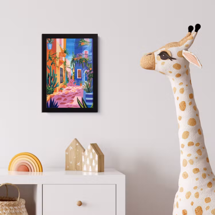 Geel - Blauw - Oranje - Huis fotolijst zwart zonder passe partout klein -usfeer4_kinderkamer