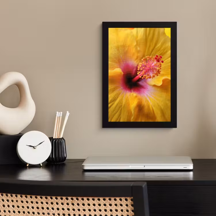 Geel - Hibiscus - Tropisch fotolijst zwart zonder passe partout klein -sfeer1