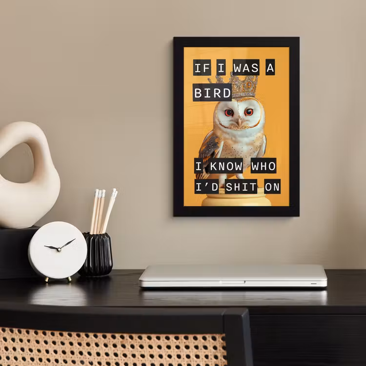 Geel - Uil - Vogel - Decoratie fotolijst zwart zonder passe partout klein -sfeer1