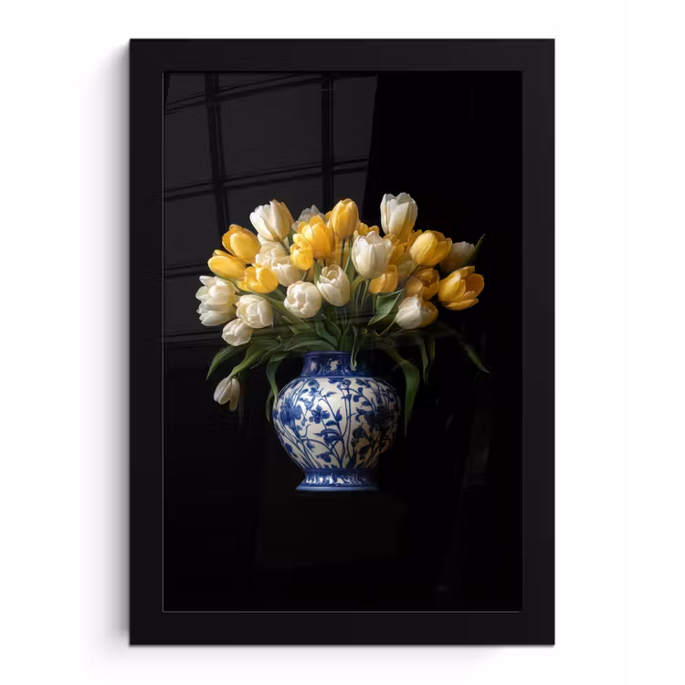 Geel - Tulpen - Vaas - Bloemen fotolijst zwart zonder passe partout klein -3d