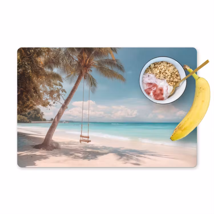 Palmboom - Schommel - Strand - Lucht Placemat vinyl groot -zzzproduct_Kitchenyeah-website