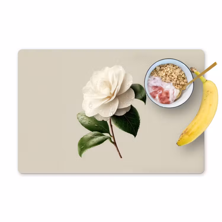 Cameliabloem - Wit - Groen Placemat vinyl groot -zzzproduct_Kitchenyeah-website