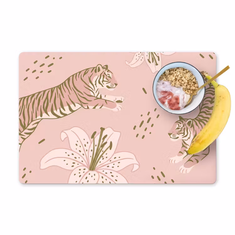 Kat - Springend - Bloemen - Abstract - Roze Placemat vinyl groot -zzzproduct_Kitchenyeah-website