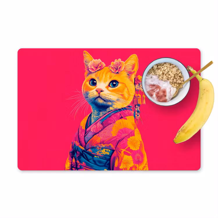 Kat - Kimono - Bloemen - Roze Placemat vinyl groot -zzzproduct_Kitchenyeah-website