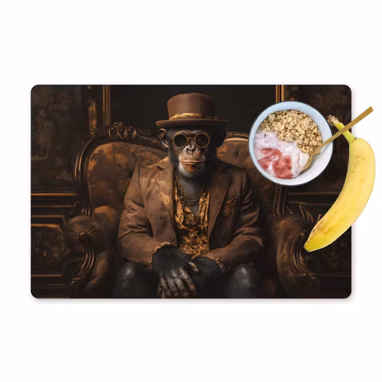 Chimpansee - Stoel - Pak - Bruin Placemat vinyl groot -zzzproduct_Kitchenyeah-website
