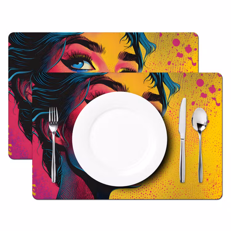 Close-up - Vrouwengezicht - Stippen - Geel Placemat vinyl groot -zzsfeer2_Kitchenyeah-website