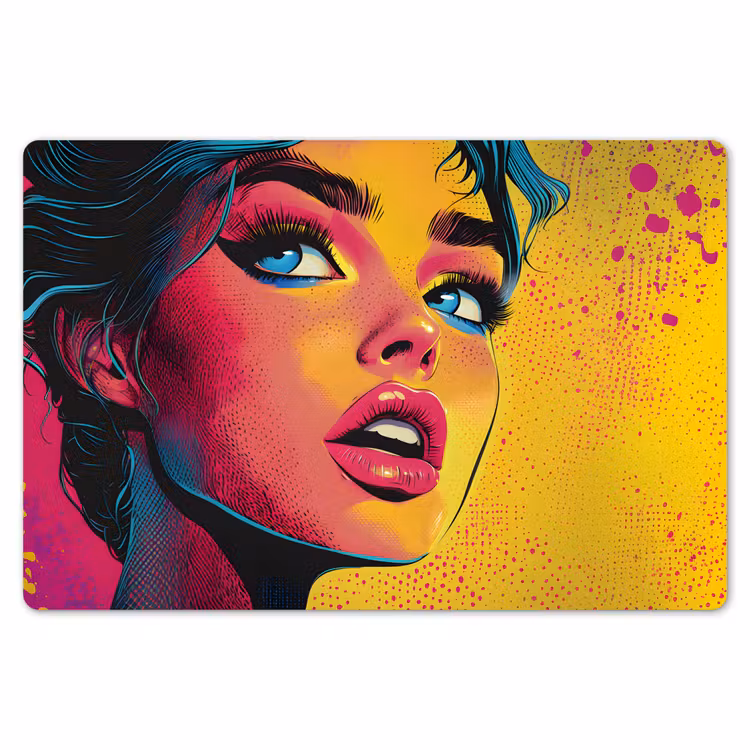 Close-up - Vrouwengezicht - Stippen - Geel Placemat vinyl groot -zzsfeer1_Kitchenyeah-website