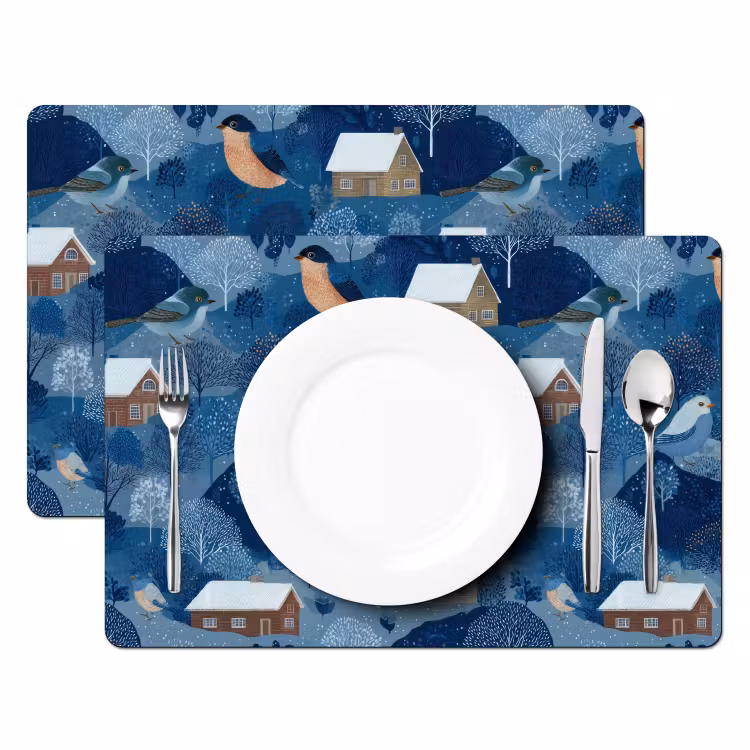 Huisjes - Vogels - Sneeuw - Winter - Blauw Placemat vinyl groot 368 -zzsfeer2_Kitchenyeah-website