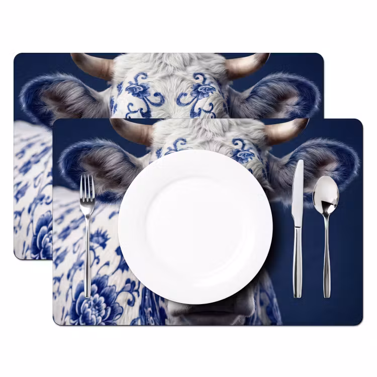 Koe - Delfts - Blauw - Artistiek Placemat vinyl groot -zzsfeer2_Kitchenyeah-website