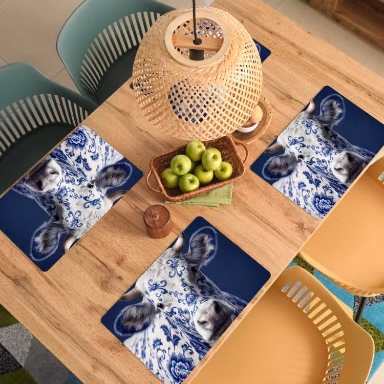 Koe - Delfts - Blauw - Artistiek Placemat vinyl groot -zzsfeer5_Kitchenyeah-website