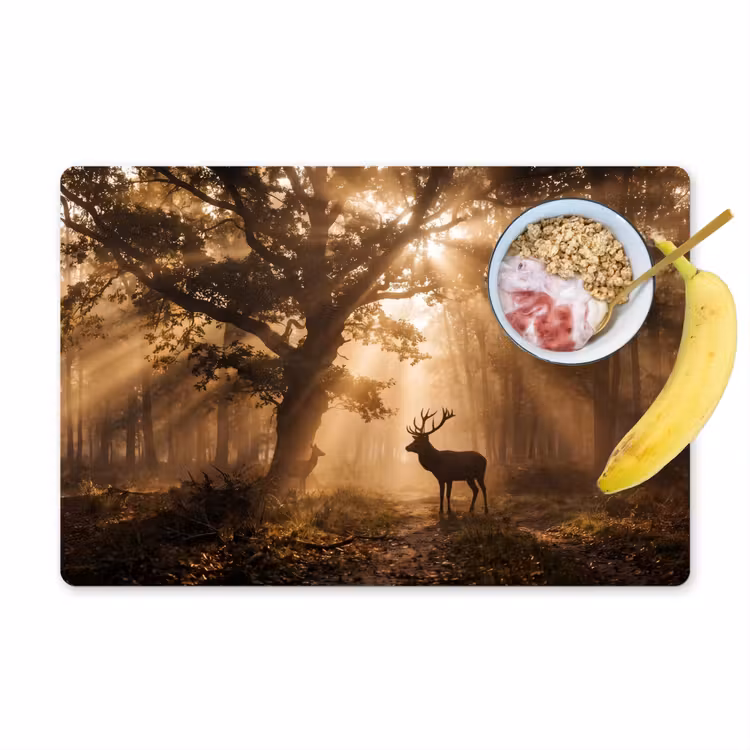Hert - Bos - Mistig - Natuur - Goud Placemat vinyl groot -zzzproduct_Kitchenyeah-website