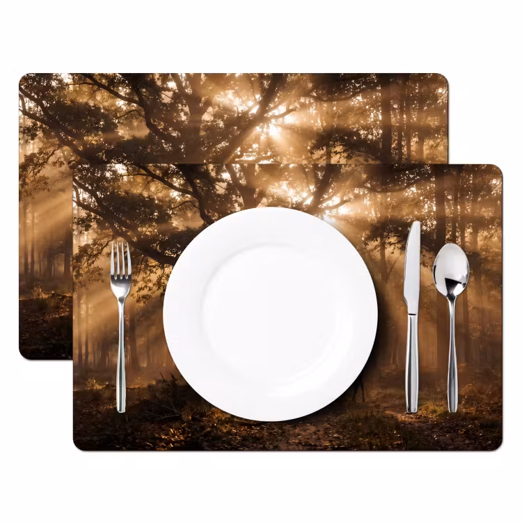 Hert - Bos - Mistig - Natuur - Goud Placemat vinyl groot -zzsfeer2_Kitchenyeah-website