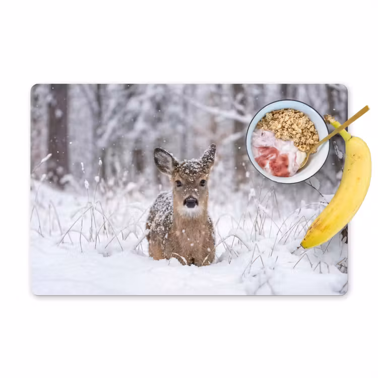 Hert - Sneeuw - Bos - Dieren - Vertederend Placemat vinyl groot -zzzproduct_Kitchenyeah-website