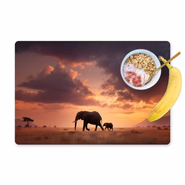 Olifanten - Grasland - Zonsondergang Placemat vinyl groot -zzzproduct_Kitchenyeah-website