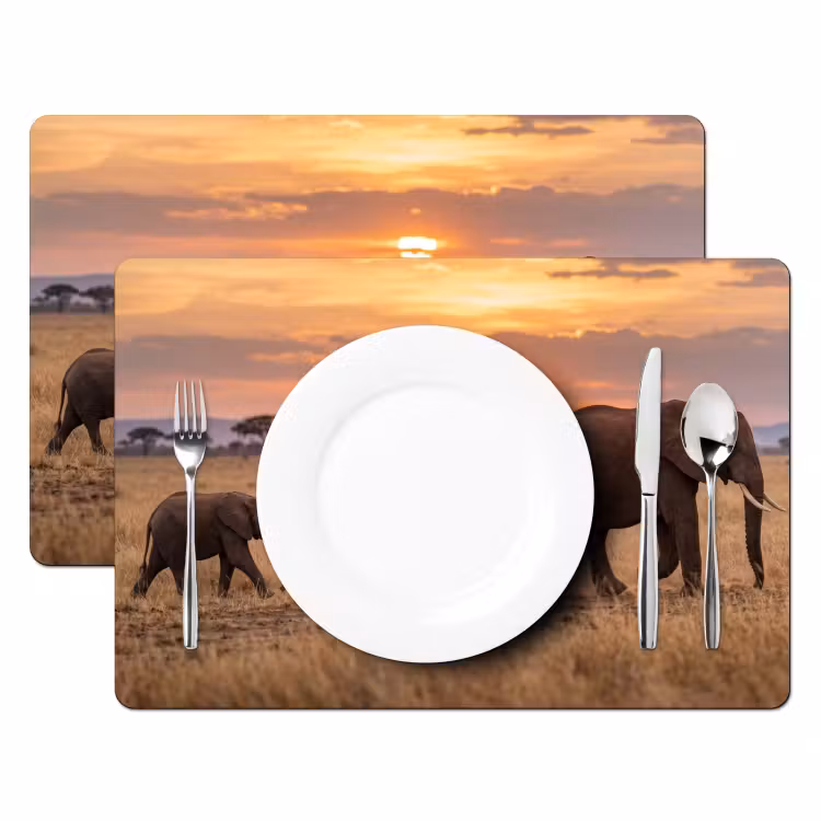 Olifanten - Savanne - Zonsondergang - Afrika - Warm Placemat vinyl groot -zzsfeer2_Kitchenyeah-website