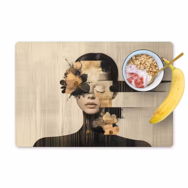 Gezicht - Bloemen - Zwart - Vrouw Placemat vinyl groot -zzzproduct_Kitchenyeah-website