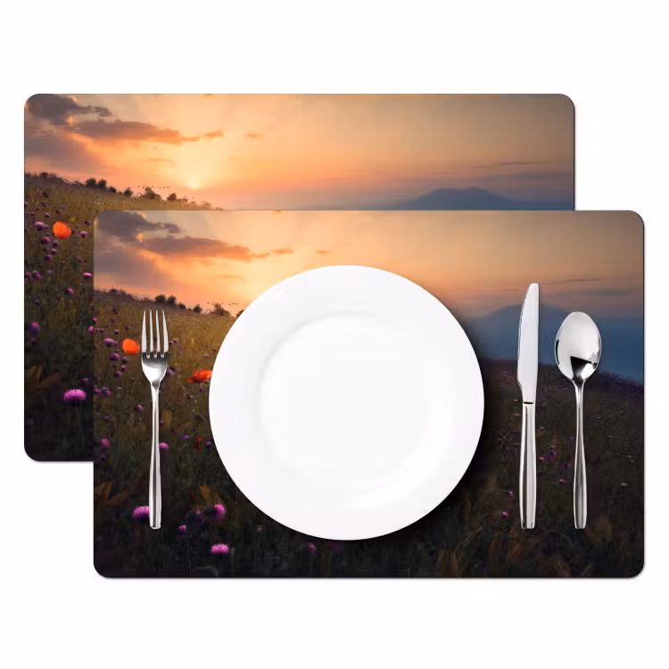 Bloemenveld - Gras - Bloemen - Planten - Zonsondergang - Oranje Placemat vinyl groot -zzsfeer2_Kitchenyeah-website