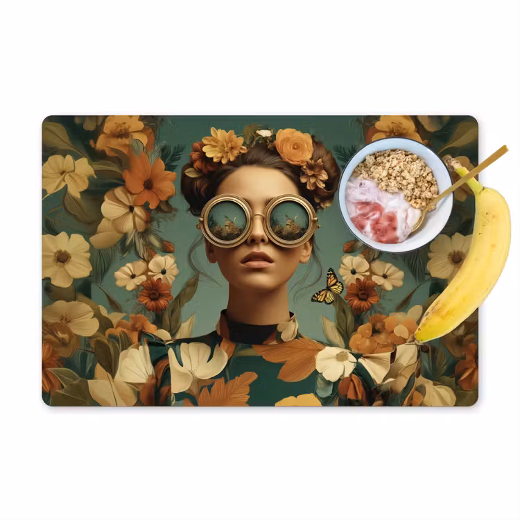 Bloemenkrans - Vrouwengezicht - Zonnebril - Oranje Placemat vinyl groot -zzzproduct_Kitchenyeah-website