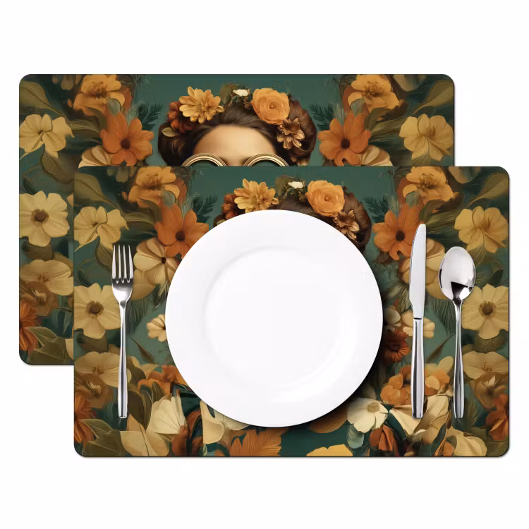 Bloemenkrans - Vrouwengezicht - Zonnebril - Oranje Placemat vinyl groot -zzsfeer2_Kitchenyeah-website