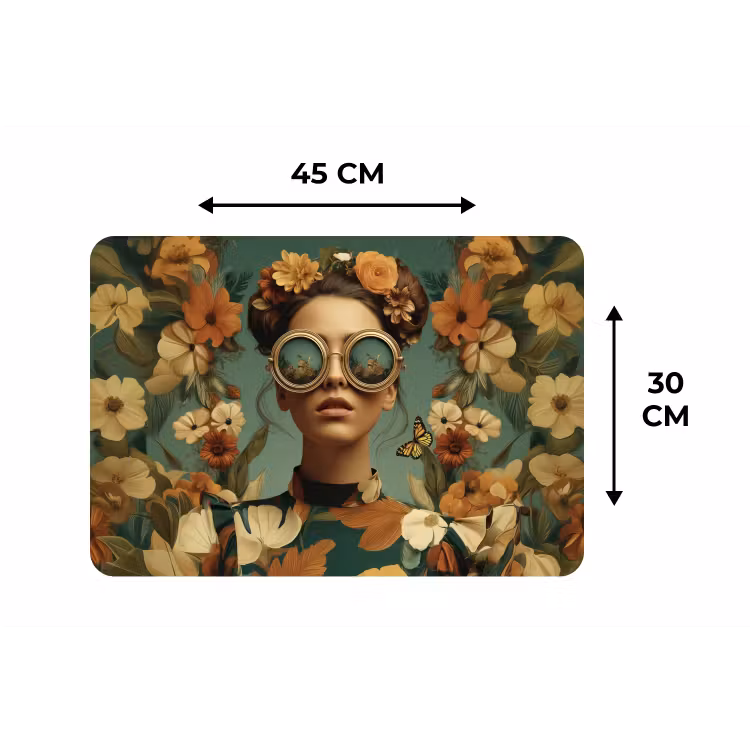 Bloemenkrans - Vrouwengezicht - Zonnebril - Oranje Placemat vinyl groot -specs