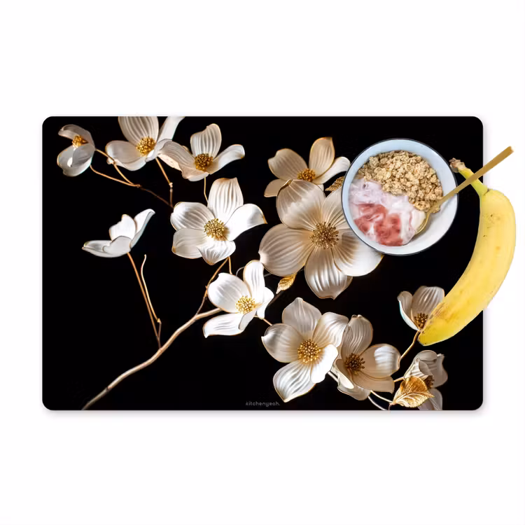 Bloemen - Wit - Goud Placemat vinyl groot -zzzproduct_Kitchenyeah-website
